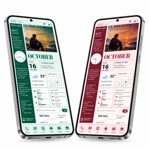 Two smartphone previews of KT005 A Brighter Tomorrow KLWP theme in emerald green and burgundy red, featuring editorial typography, quotes, calendar, weather, and widgets.